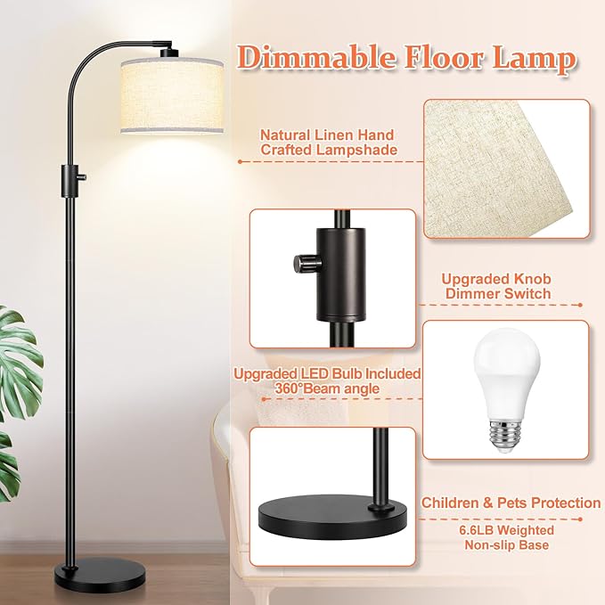 Nintiue Upgraded Modern Arc Dimmable Tall Standing Floor Lamp with Linen Shade, 1200 Lumens LED Bulb Included, for Living & Reading Room, Bedroom, Office & Nursery, Matte Black