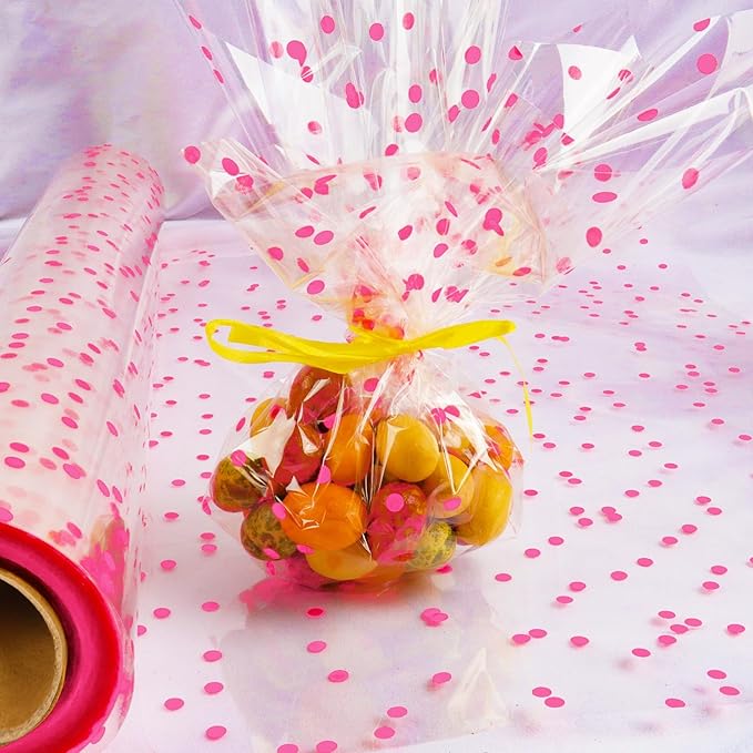 CMFYHM 34in x 100ft Clear Cellophane Wrap Roll (Pink Polka Dot),Transparent Cellophane Wrap Roll for Treats, Gifts, Baskets, Flowers, Birthday Party,Easter, Christmas Decorations