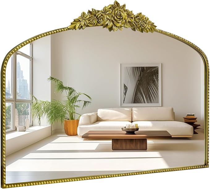 Antique Gold Arched Wall Mirror, 48"x30" Baroque Vintage Mirror with Ornate Metal Frame, Large Traditional Home Decor Bathroom/Wall/Vanity/Mantel/Bedroom/Entryway/Hallway