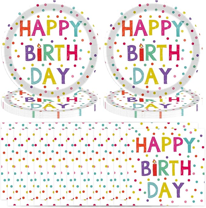 T-Antrix 40 Pcs Birthday Plates And Napkins Party Supplies, Disposable Happy Birthday Dots Design Paper Tableware Set Party Decoration Serves 20