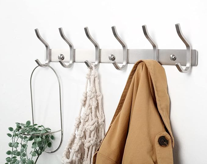 HAMUTH Wall Hooks Heavy Duty, 17 Inch Coat Rack Wall Mount with 6 Hooks,Silver Wall Hooks Hangers for Entryway, Bathroom - for Hanging Backpack, Bag, Coat, Purse, Hat, Towel, Clothes,2 Packs