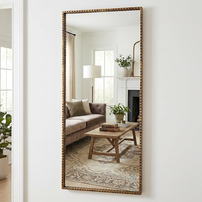 Antique Full Length Mirror, 20"x47" Long Metal Framed Full Body Mirror, Rectangle Baroque Floor Mirror Decorative for Dressing Living Room Bedroom Entryway Bronze