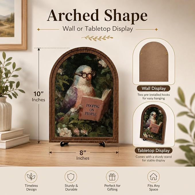Wooden Tabletop Decor Funny Reading Bird Art for Bookshelf Desk Shelf, Vintage Floral Bird Sign with Rustic Frame and Stand, Home Office Decorative Accent for Bird Lovers