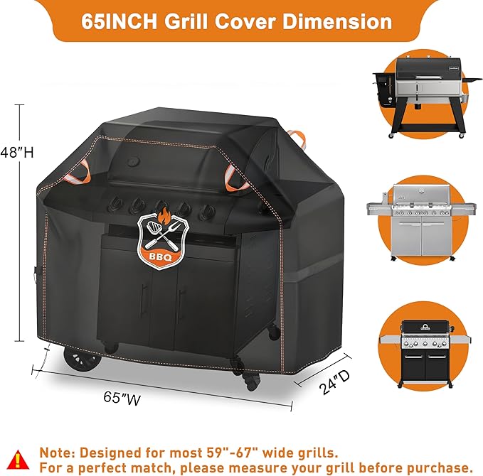 Kinetrail Grill Cover, Universal 65" BBQ Grill Cover for Outdoor Grill, Waterproof, Weather Resistant, Fade Resistant Gas Grill Cover with Adjustable Double Straps for Weber, Char-broil, Nexgrill, etc