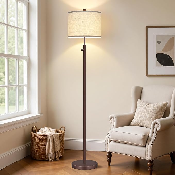 Nintiue 【Upgraded】 Dimmable Floor Lamp for Living Room, 11W LED Bulb Included, Modern Standing Lamp, Tall Pole Light with Linen Shade for Bedroom Reading Office Corner Nursery-Matte Brown