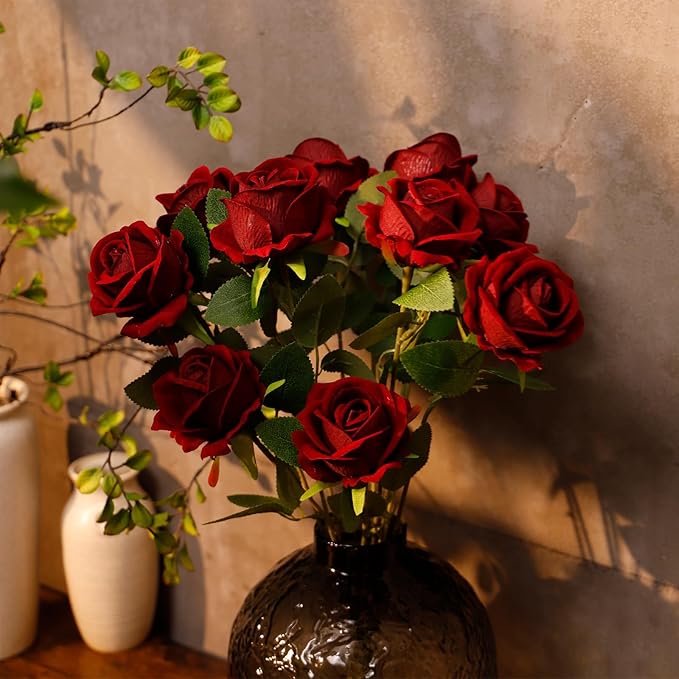 12 Pcs Artificial Rose Flowers, Dark Red Silk Roses with Long Stems, Realistic Fake Roses for Wedding Centerpiece Party Home and Office DIY Decor