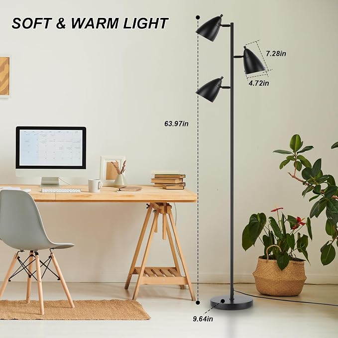 LALISU Tree Floor Lamp for Living Room, Industrial 3-Light Standing Lamp with 3 LED Bulbs, Adjustable Rotation Heads, Standing Tall Pole Lamp Farmhouse Rustic Reading Lamps for Bedroom Office (Black)
