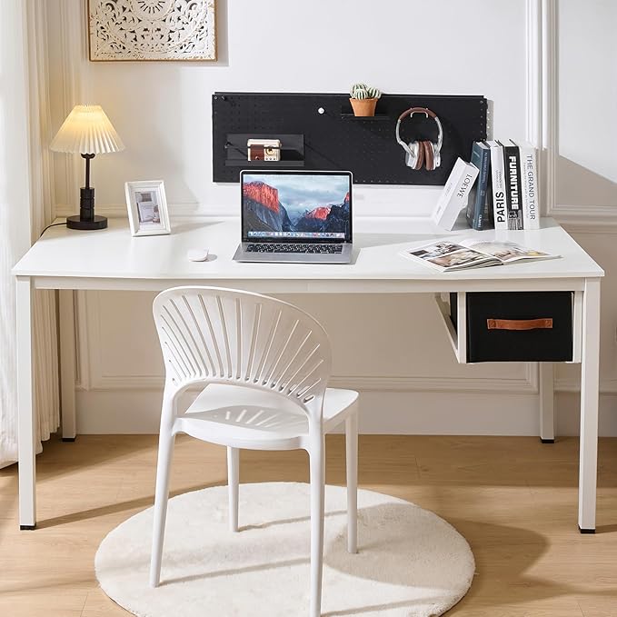 White Computer Desk with Drawer, 63 Inch Large Home Office Work Desks, Modern Writing Study PC Desk Gaming Table for Bedroom Home, Stable Thick Metal Legs Frame Support