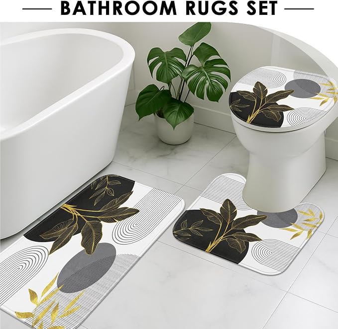 Boho Grey and Gold Shower Curtain Set with Toilet Lid Cover and Non-Slip Rugs, Mid Century Modern Abstract Minimalist Leaves Neutral 4 Pcs Shower Curtain for Bathroom Set with 12 Hooks