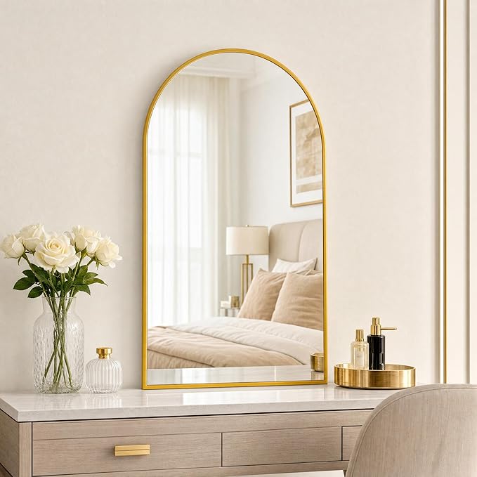 BEAUTYPEAK 22"x30" Arch Bathroom Mirror, Wall Mounted Vanity Metal Frame Mirror for Bedroom, Entryway, Living Room, Gold