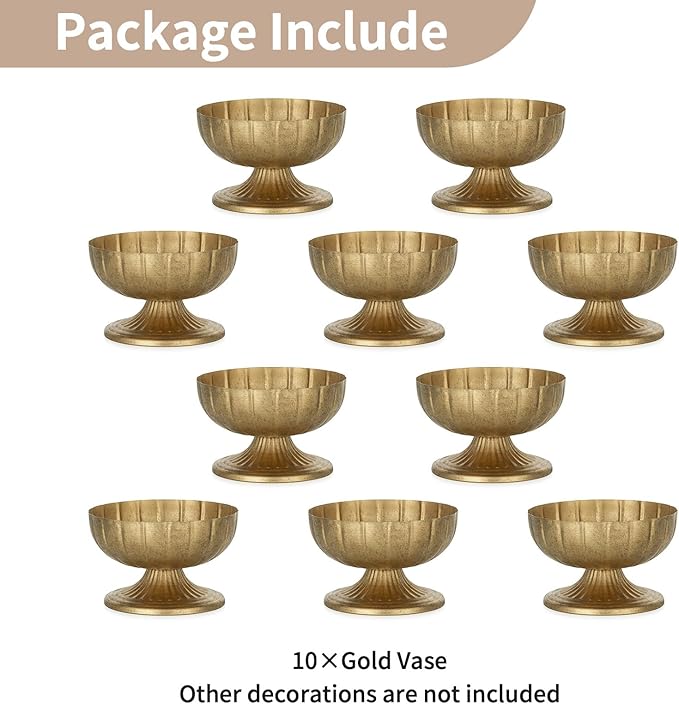 NUPTIO Distressed Gold Vases for Centerpieces: Rustic Brass Compote Vases for Flowers - Metal Pedestal Bowl Decor for Wedding Table Home Set of 10