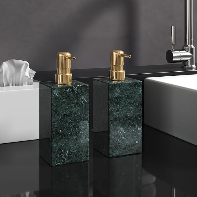 2 Set Real Natural Marble Soap Dispenser with Stainless Steel Pump – Decorative Liquid Hand Soap Bottle for Kitchen & Bathroom, Compatible with Lotion, Dish Soap & Shower Gel (Green)