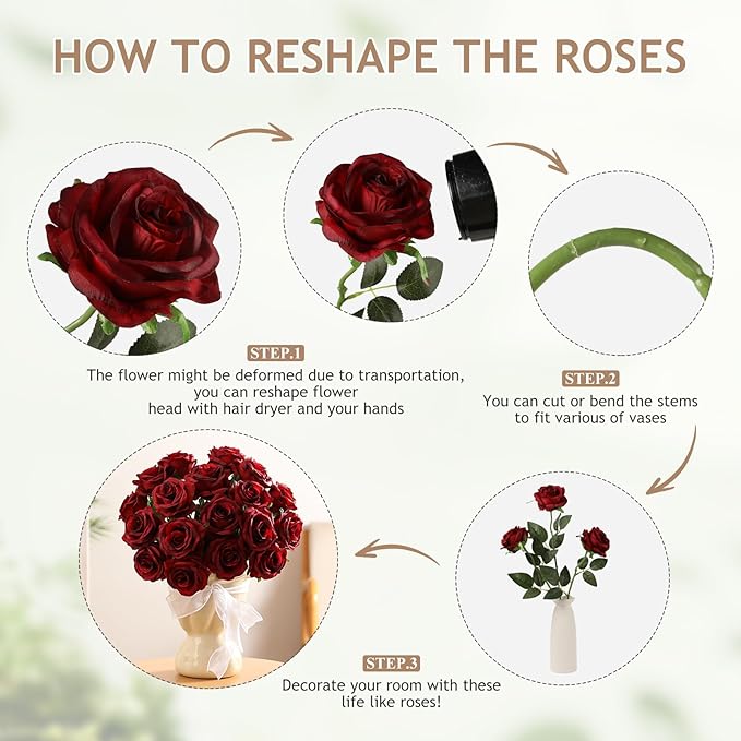 Kisflower 60 Pcs Burgundy Roses Artificial Flowers Bulk, Maroon Flowers Artificial Silk Roses with Stems for Decoration DIY Wedding Bouquet Bridal Shower Party Home Table Centerpieces Decor (Burgundy)