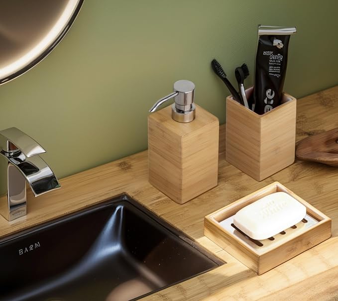 Clasin Home Bamboo Bathroom Accessories Set, 3 Pcs Wood Bathroom Accessories Soap Dispenser, Toothbrush Holder, Soap Dish, Kitchen Soap Dispenser Set for Home Decor, Housewarming Gift