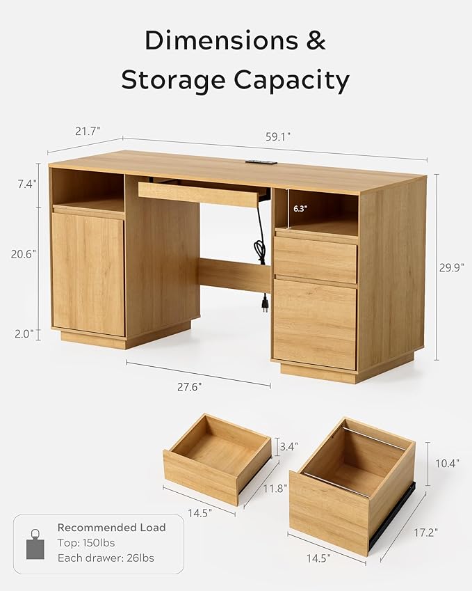 59" Executive Desk, Farmhouse Large Home Office Desk with File Drawer & Outlet & Storage Cabinet, Wood Computer Desks with Keyboard Tray, Workspace for Study Writing, Natural Oak