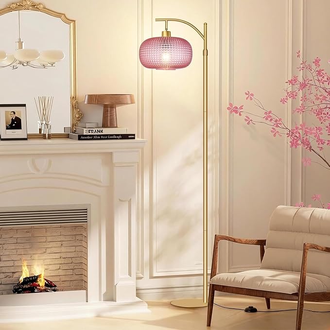 Pink Glass Floor Lamp for Living Room,Bedroom,Gold Dimmable Standing Lamp with Remote,Mid Century Modern Brass Tall Lamp Boho Floor Lamps Arc Stained Glass Flower Floor Light Lamp Girls kids Bohemian