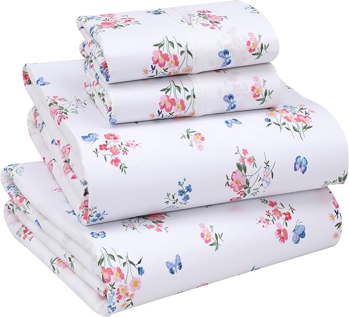 RUVANTI 100% Cotton King Size Sheets Set, 4 Pieces, Soft & Breathable Percale Weave Bedding, Deep Pocket 16", Hotel Standard, Crisp Cool Feel, Durable, Perfect Floral Bed Sheet, Funa Flora