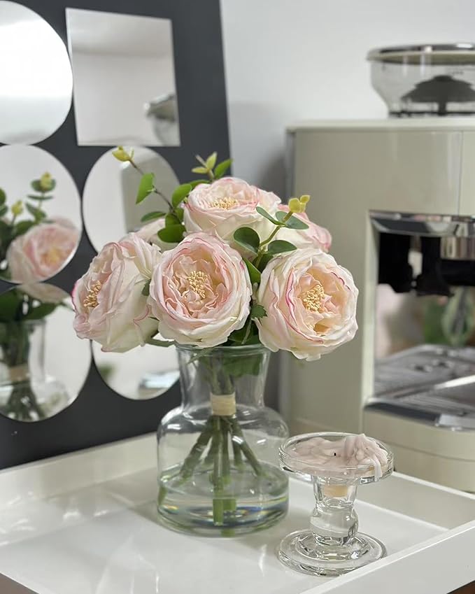 Lifelike Artificial Light Pink Rose Bouquet in Vase - 3D Petals & Stem Design - Table Centerpiece for Wedding, Restaurant, or Home Dining Room