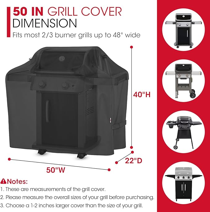 Unicook 50 Inch Grill Cover for Outdoor Grill, Heavy Duty Waterproof BBQ Cover with Side Handles and Air Vents, Weather Resistant, Fits Weber Charbroil Nexgrill Gas BBQs up to 48 Inch Wide, Black