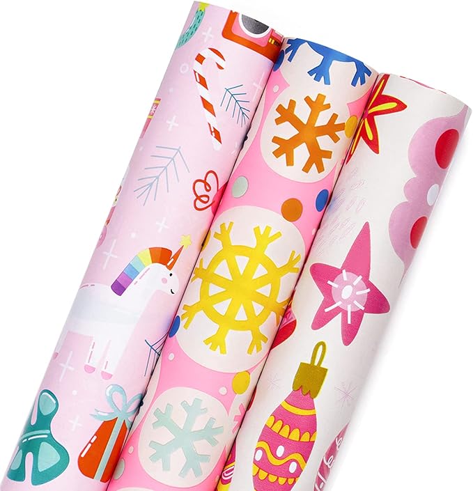 MAYPLUSS Pink Christmas Wrapping Paper - Mini Roll - 17in x 120 in Per roll - Pink White Snowfakes, Unicorn,Bell for Xmas Gift Wrap Retro Christmas Ornaments,for Holiday, New Year (46.8sq.ft)