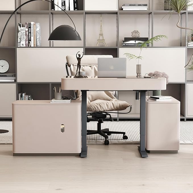 Lartis Office Desk, Electric Standing Desk with Built-in Outlets, Tempered Glass Top Modern Office Computer Desk with 2 Side cabinets (Pale Pink, 47)