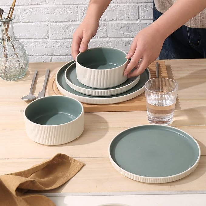 MONITO Ceramic Dinnerware Sets for 4, 12PCS Stoneware Plates and Bowls Sets, Reactive Glaze Dish Set, Chip and Scratch Resistant Double, Microwave and Dishwasher Safe, White Cyan