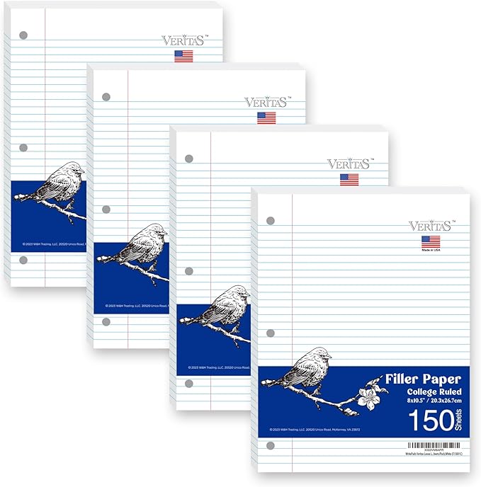 WritePads Notebook Paper College Ruled Loose Leaf Paper, Standard 8"x10-1/2",3 Hole Punched Binder Paper For 3 Ring Binder,150 Sheets/Pack, 4 Pack, White, MADE IN USA