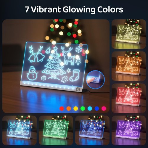LED Drawing Board - 7 Colors & 3 Light Modes | Rechargeable Glow Doodle Board with 7 Markers & Tracing Book (7.9"x11.8")