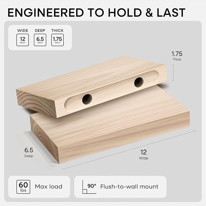 Homeforia Wood Floating Shelf 12 inch, High End Solid Natural Wood 12inch Floating Shelves for Wall Mounted, Unfinished Small Wooden Floating Shelves, Heavy Duty Bracket, 12 X 6.5 X 1.75 in, Set of 2