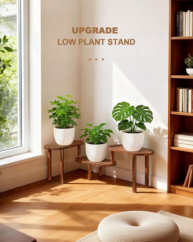 Concave Wooden Plant Shelf Indoor, 3 Tiers Deformable Oval Plant Stand, Heavy Duty Long Flower Pot Stand for Multiple Plants, Low Plant Holder for Patio Balcony Living Room Office