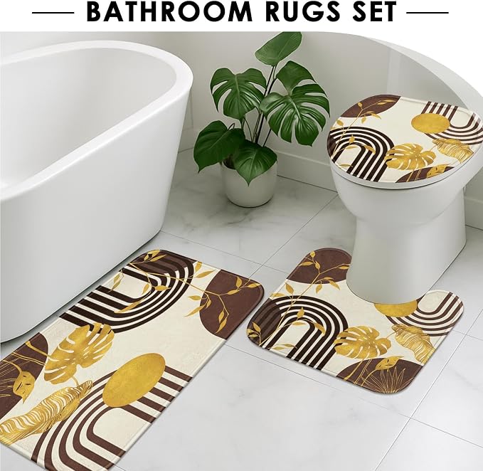 Boho Brown Shower Curtain Set with Toilet Lid Cover and Non-Slip Rugs, Gold Tropical Abstract Geometric 4 Pcs Modern Minimalist Vintage Shower Curtain for Bathroom Set with 12 Hooks
