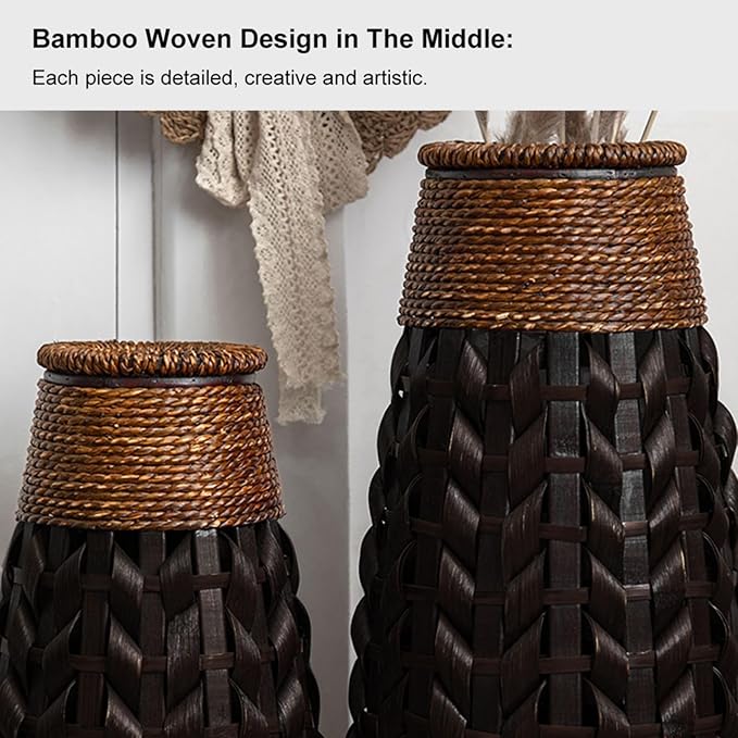 28.9''H Rustic Tall Woven Bamboo & Rattan Floor Vase – Decorative Standing Accent Vase for Dried or Silk Flowers, Farmhouse & Boho Home Decor for Living Room or Entryway (Black & Brown, Large)