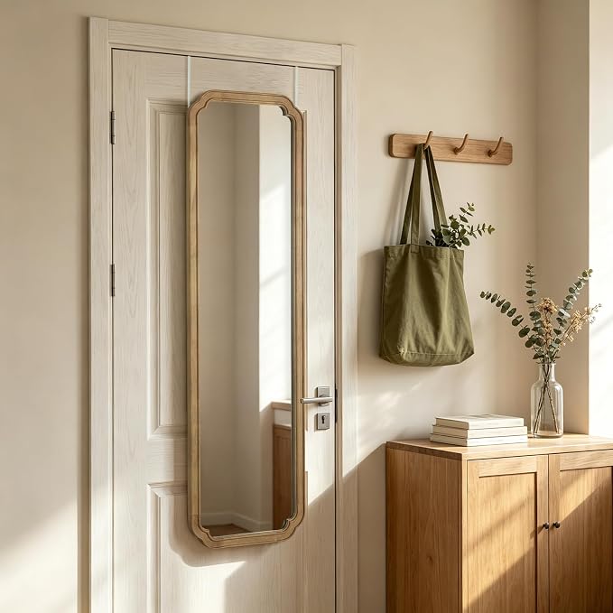 WallBeyond 48" x 14" Full Length Door Mirror with Rustic Rounded Corner Wood Frame, Over the Door Hanging Mirror for Bedroom, Closet, Dressing Area and Entryway, Natural