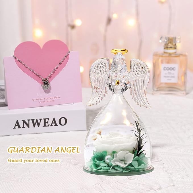 ANWEAO Mom Birthday Flowers Gifts for Mom,Glass Angel Figurines Preserved Real Rose with I Love You Necklace in 100 Languages, Valentines Rose Gifts for Women,Gifts for Her Grandma Unique Flower Gift