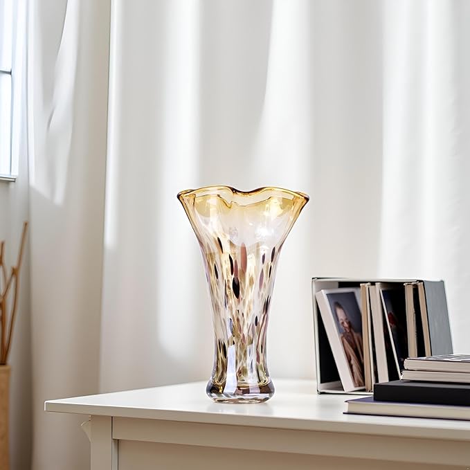 9.8" Tall Amber Hand Blown Glass Vases for Home Decor,Modern Wide Mouth Ruffle Flower Vase Table Centerpieces,Colored Coastal Sea Glass Art for Bookshelf,Bathroom,Counterto,Wedding