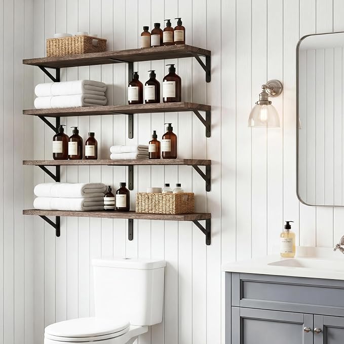 YGEOMER Floating Shelves for Wall, 35in Brown Wall Shelves for Living Room, Bathroom, Bedroom, Kitchen, Home Decor (Set of 4)