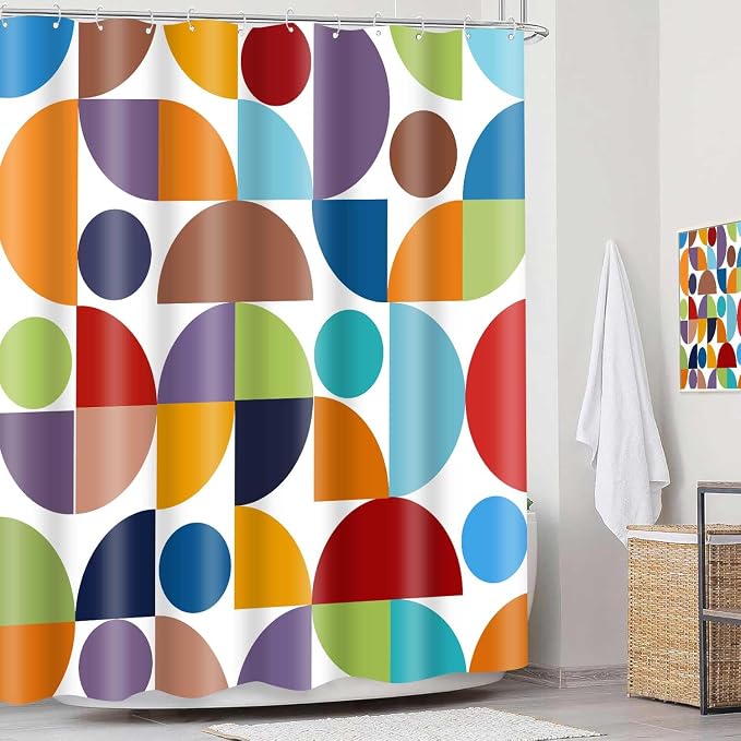 Colorful Modern Geometric Shower Curtain Vintage Mid Century Boho Abstract Art Bathroom Curtain Decor 72x72 Inch Washable Fabric Retro Bright Cute Circle Patterned Bath Curtain with 12 Hooks