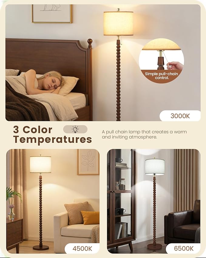 65" Solid Wood Floor Lamps for Living Room with Pull Chain Switch, Adjustable Color Temperatures, Vintage Farmhouse Floor Lamp, Tall Standing Lamp for Bedroom, Entryway, Reddish Brown SVE28LD05