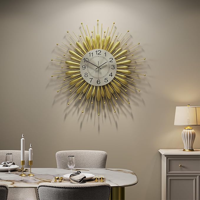 Cuspin 24 Inch Gold Wall Clock, Large Mid Century Modern Clock Sunburst Decorative Design, Silent Non Ticking Battery Operated Metal Wall Clock for Living Room, Bedroom, Kitchen, Office