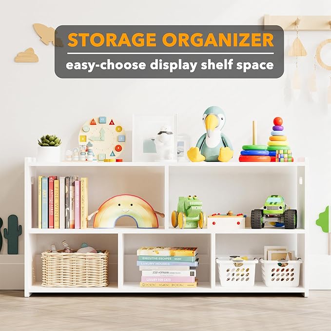 SpaceAid 5-Compartment Bookshelf, Montessori Bookcase for Toddlers, Wooden Book Shelf Organizer Storage Furniture for Kids Rooms, Playroom, Nursery and Classroom, 44.5“ Wide, White