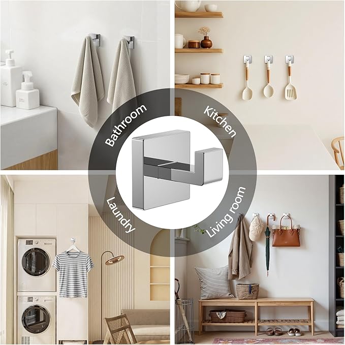 Kruodop 2 PCS Towel Hooks for Bathroom, Wall Mount Towel Holder, Black Matte Wall Robe Hook,Square Stainless Steel Door Hanger Towel Hook for Kitchen, Bedroom,Hotel,Pool,Coats（Silver）