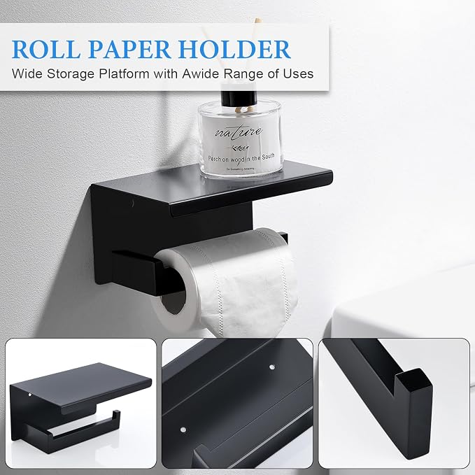 6-Piece Black Bathroom Hardware Set 23.6 Inch Towel Bar Set Double Towel Bar Towel Ring Coat Hook and Toilet Paper Holder with Shelf Wall Mounted Stainless Steel Bathroom Accessories Set