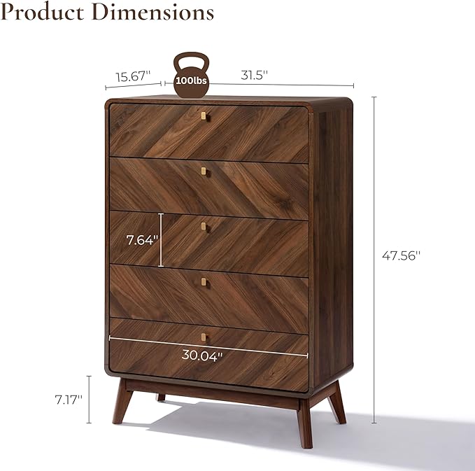 LuxenHome 5 Drawer Dresser for Bedroom, Mid Century Modern 48" Tall Wooden Bedroom Dressers, Walnut Brown MDF Wood Bedroom Dressers with Drawers, Chest of Drawers for Clothes Organizer Furniture