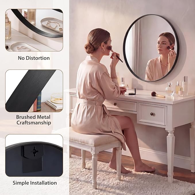 Sweetcrispy Bathroom Round Mirrors for Over Sink, 24 Inch Wall Circle Mirror with Matte Metal Frame, Modern Wall Mount Vanity Mirror for Home Decor, Living Room, Bedroom, Black