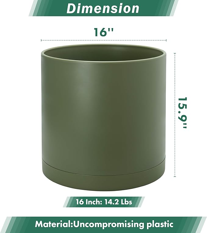 D'vine Dev 16 Inch Plastic Planter Pots for Plant Pot with Drainage Hole and Seamless Saucers, Olive, 74-X-I-5