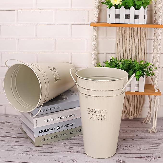 3-Pack 12 Inch Vintage Rustic Galvanized Steel French Bucket Vases for Centerpiece and Home Decor, Weddings