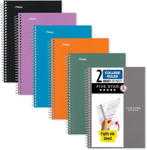 Five Star Spiral Notebooks - 6 Pack, 2 Subject, College Ruled, 80 Sheets, Assorted Colors