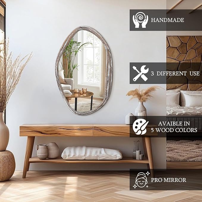 JJUUYOU Large Asymmetrical Mirrors Irregular Bathroom Wall Mirror 26"x18" Wooden Frame Modern Decorative Mirror for Makeup Bathroom Living Room,Brown