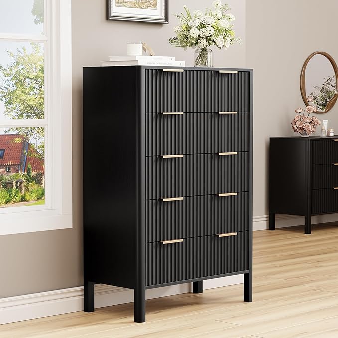 47" Tall Dressers for Bedroom Fluted 5 Drawer Dresser, Wooden Dresser Modern Chest of Drawers Dressers with Organizer Storage for Bedroom, Living Room, Entryway, Black
