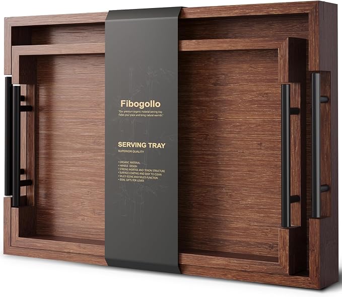 Fibogollo Bamboo Set of 2 Serving Tray with Metal Handles,Ottoman Decorative Trays Platter for Coffee Table,Living Room,Bar,Party(Brown)